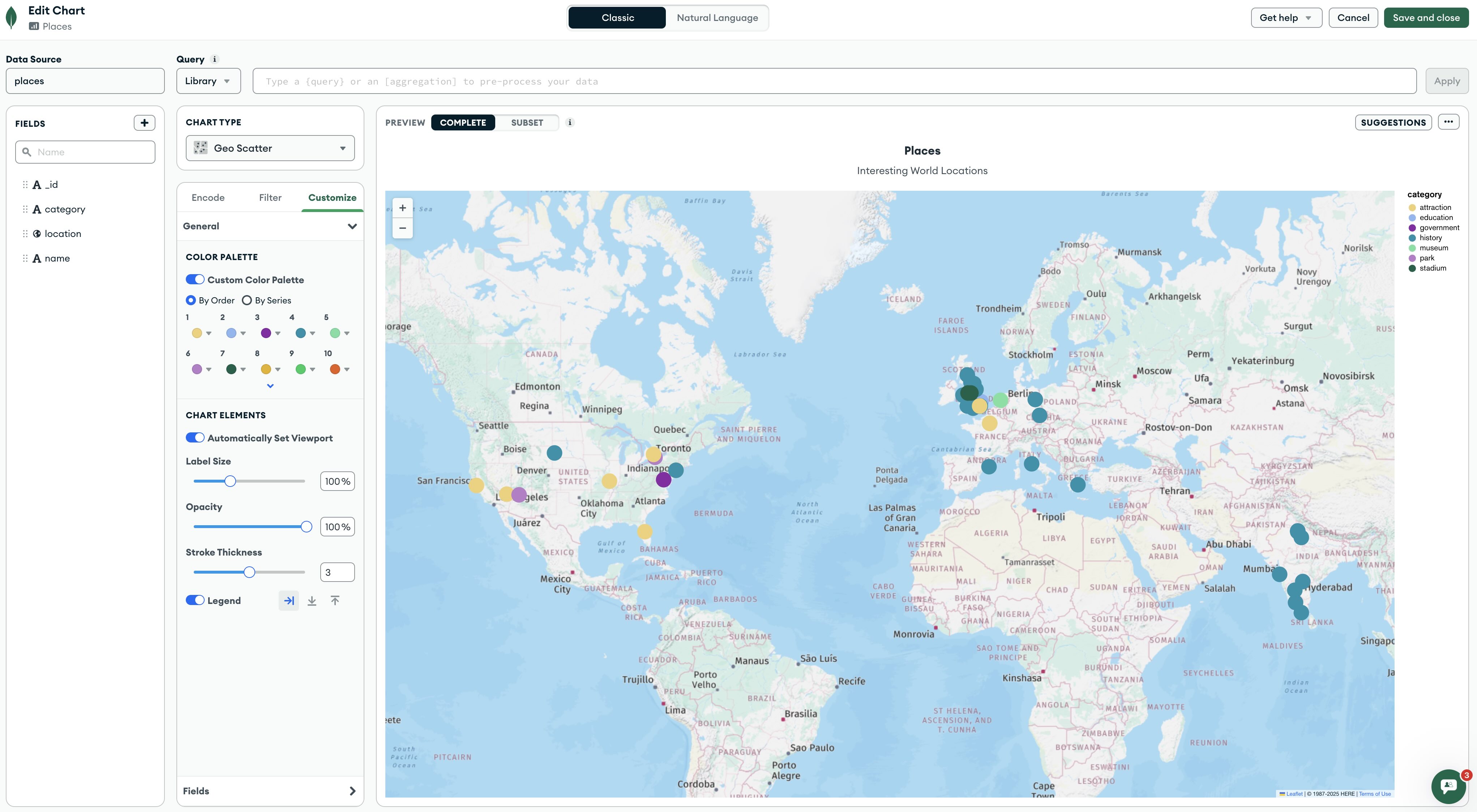MongoDB Charts map editor showing geospatial data