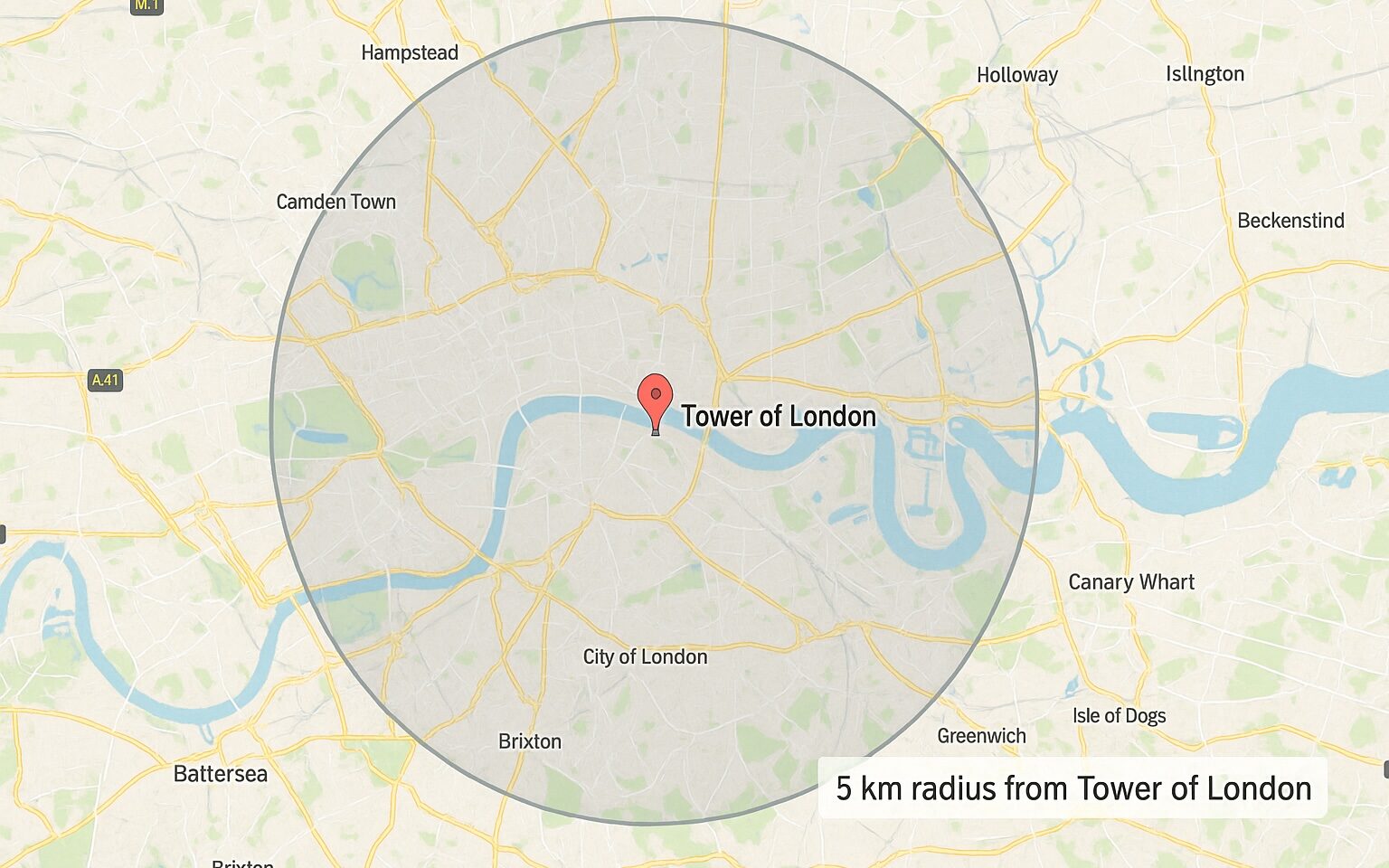 A map showing a 5km radius circle around the Tower of London