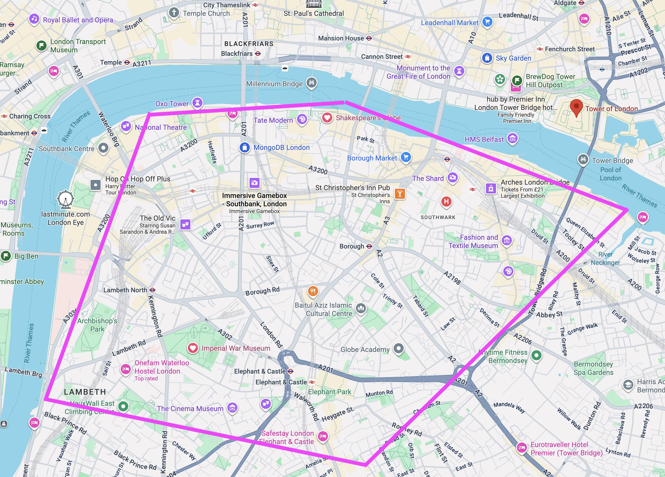 A map showing a custom polygon search area across the Thames in London